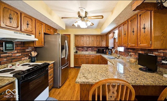 kitchen with sink, light stone countertops, light hardwood / wood-style floors, white range oven, and kitchen peninsula