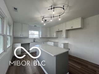 kitchen with white cabinetry, a kitchen island, dark wood-type flooring, and sink