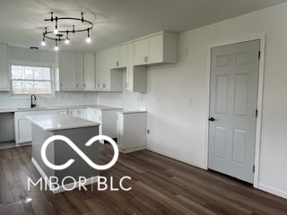 kitchen with white cabinets, dark wood-type flooring, and a kitchen island