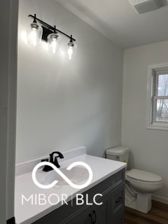 bathroom featuring hardwood / wood-style flooring, vanity, and toilet