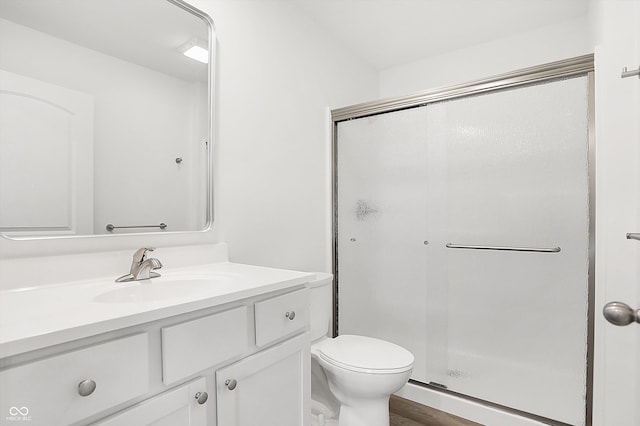 bathroom with vanity, toilet, and a shower with shower door