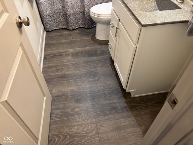 bathroom with wood-type flooring, vanity, and toilet