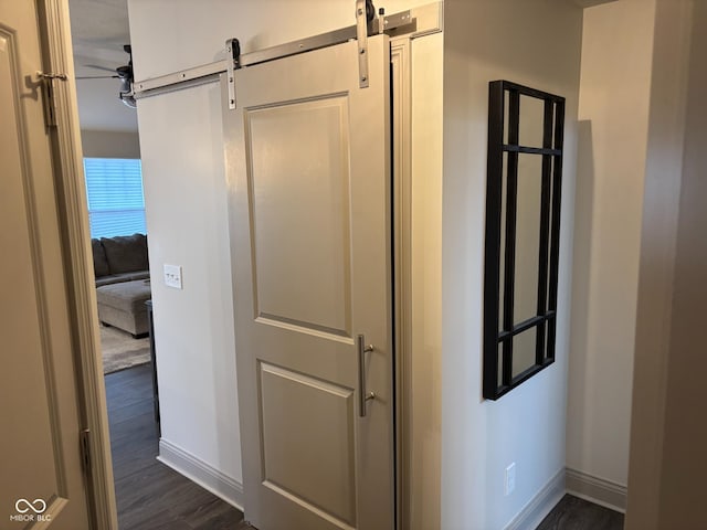 hall with a barn door and dark hardwood / wood-style flooring