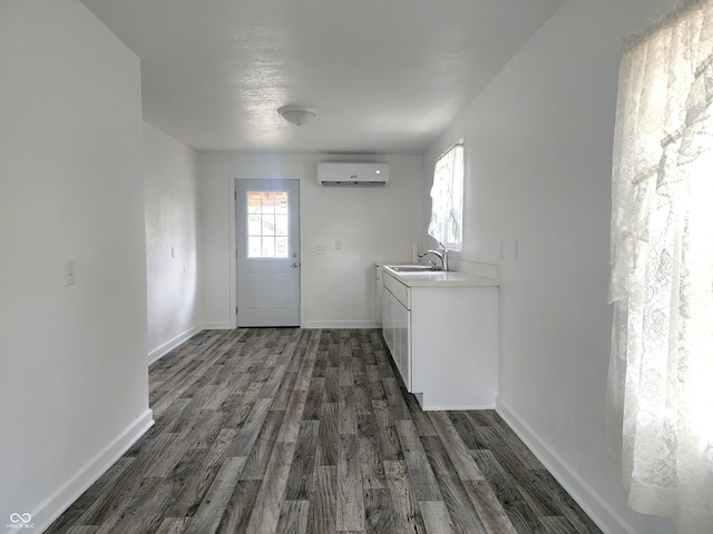 interior space with a wall unit AC, sink, and dark hardwood / wood-style floors