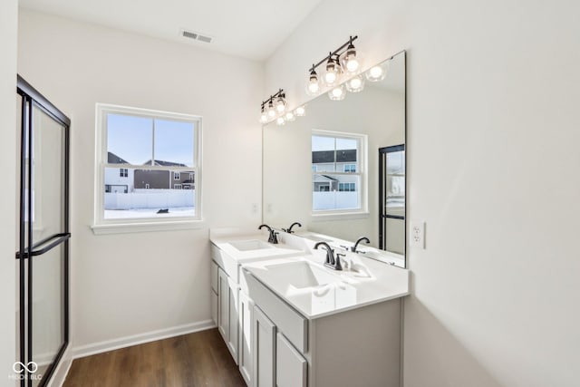 bathroom with vanity and hardwood / wood-style flooring