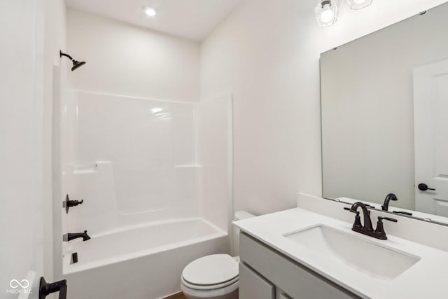 full bathroom with toilet, tub / shower combination, and vanity