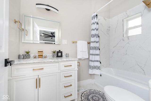 full bathroom featuring shower / bathtub combination with curtain, vanity, and toilet