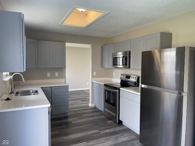 kitchen with dark wood-type flooring, gray cabinetry, a sink, and stainless steel appliances