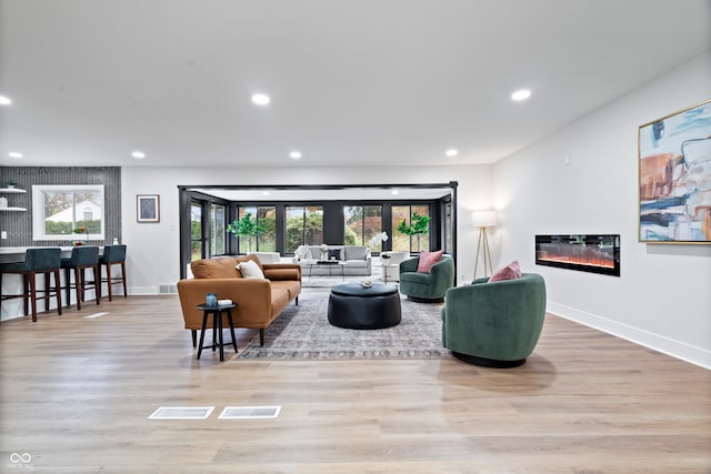 living room featuring light hardwood / wood-style floors and a wealth of natural light