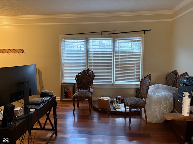 interior space featuring plenty of natural light, ornamental molding, and dark wood-type flooring