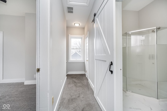 bathroom with a shower with shower door