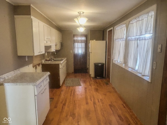 kitchen featuring white cabinets, white fridge, wood-type flooring, and sink