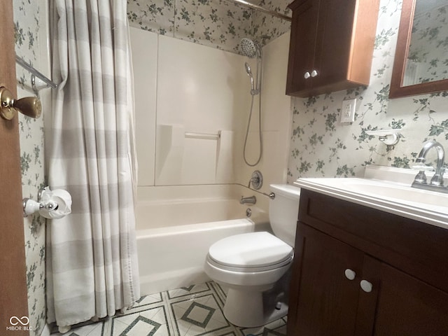 full bathroom featuring tile patterned flooring, vanity, toilet, and shower / tub combo