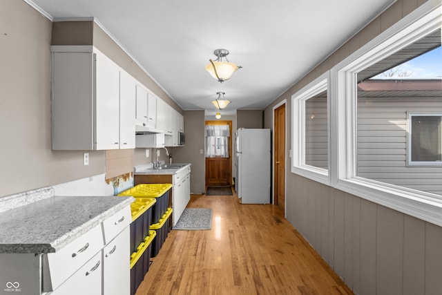 kitchen featuring white cabinets, light hardwood / wood-style floors, a wealth of natural light, white fridge, and sink