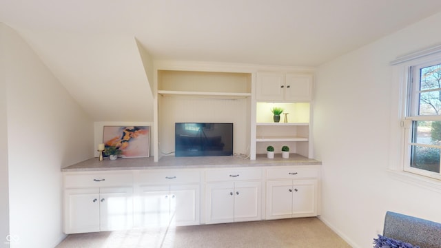 unfurnished living room with light colored carpet