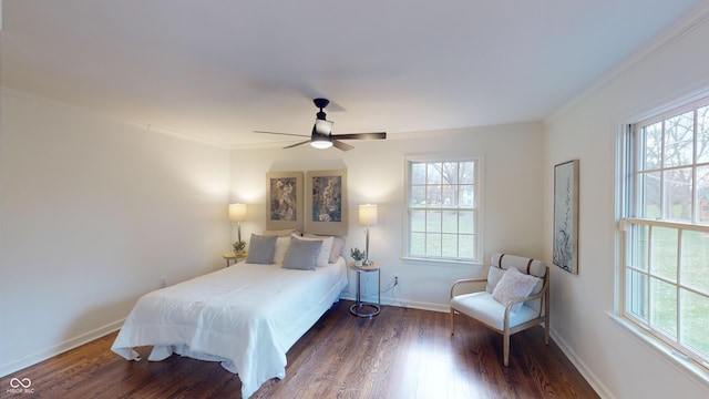 bedroom with multiple windows, ceiling fan, and dark hardwood / wood-style flooring