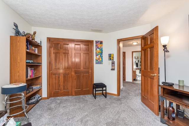 interior space featuring light colored carpet and a textured ceiling