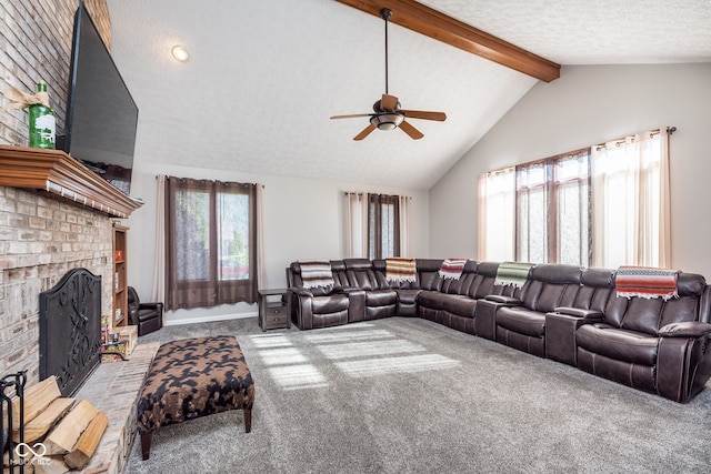 living room featuring lofted ceiling with beams, ceiling fan, light colored carpet, and a brick fireplace