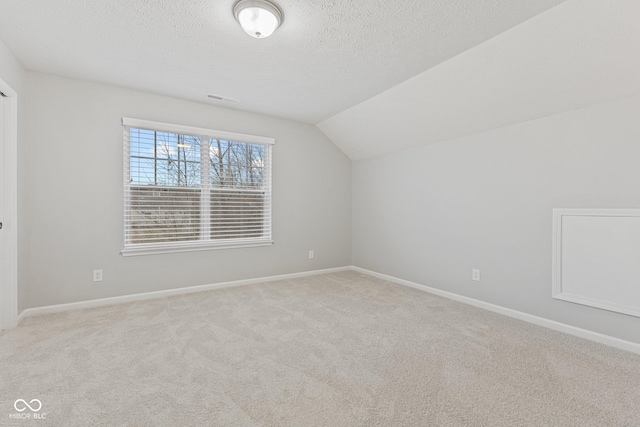 additional living space featuring a textured ceiling, light carpet, and vaulted ceiling