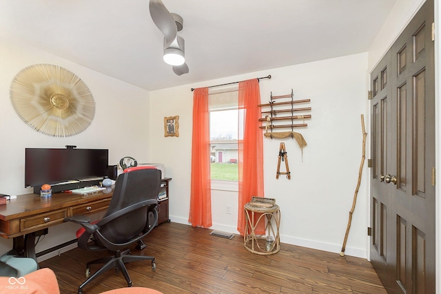 office featuring dark wood-style floors, visible vents, and baseboards