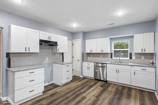 kitchen with dark wood-type flooring, sink, white cabinets, and stainless steel dishwasher