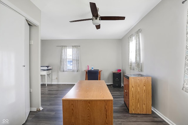 home office with ceiling fan, a healthy amount of sunlight, and dark hardwood / wood-style floors