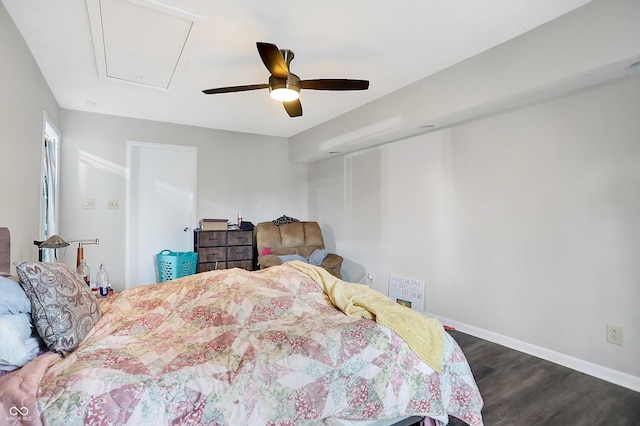 bedroom featuring ceiling fan and dark wood-type flooring