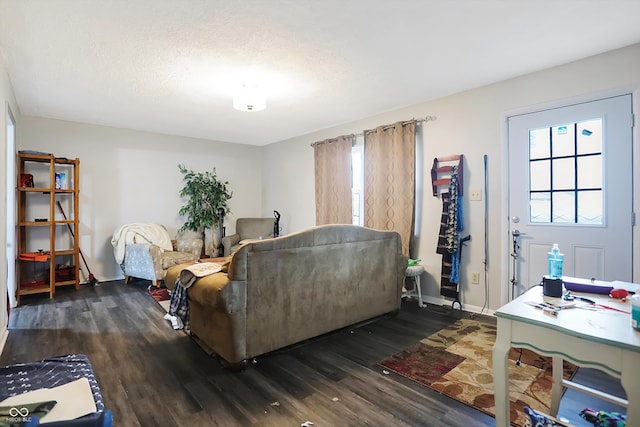 living room with dark hardwood / wood-style flooring and a textured ceiling