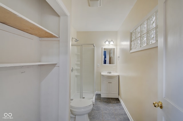 bathroom with tile patterned flooring, vanity, an enclosed shower, and toilet