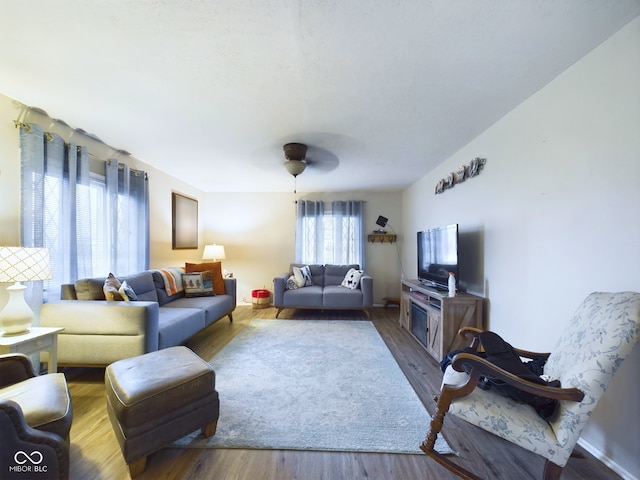 living room with ceiling fan, a wealth of natural light, and light hardwood / wood-style flooring