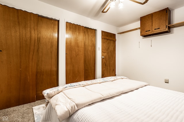 bedroom featuring ceiling fan, carpet floors, and two closets