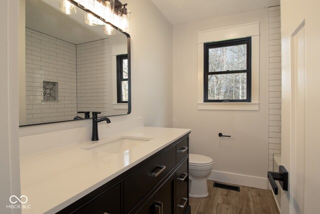 bathroom with toilet, vanity, and hardwood / wood-style flooring