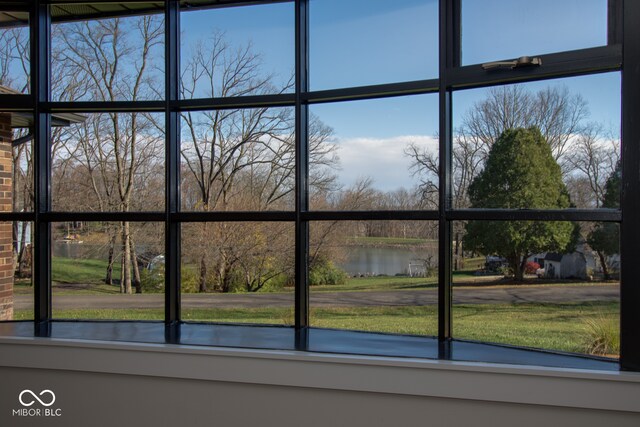 interior details featuring a water view