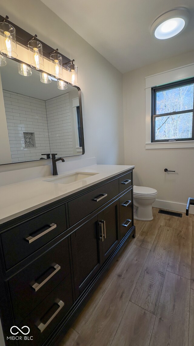 bathroom featuring vanity, wood-type flooring, and toilet