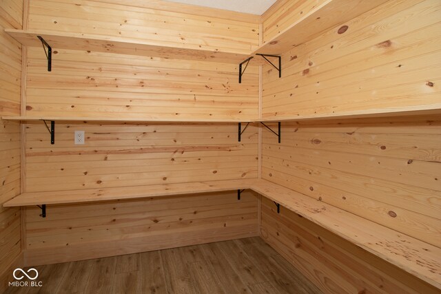 view of sauna with hardwood / wood-style floors