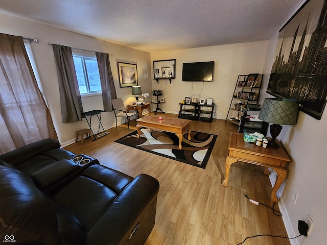 living room with a textured ceiling and light hardwood / wood-style flooring