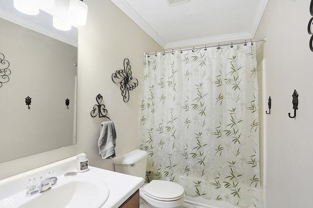 full bathroom featuring shower / bath combination with curtain, vanity, toilet, and ornamental molding