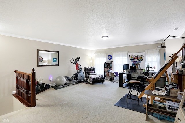 workout area featuring carpet flooring, a textured ceiling, and ornamental molding