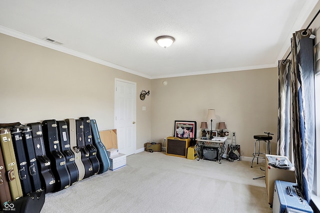 misc room featuring carpet flooring and ornamental molding