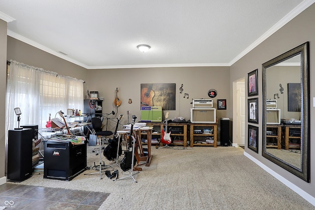 interior space with carpet floors, a textured ceiling, and ornamental molding