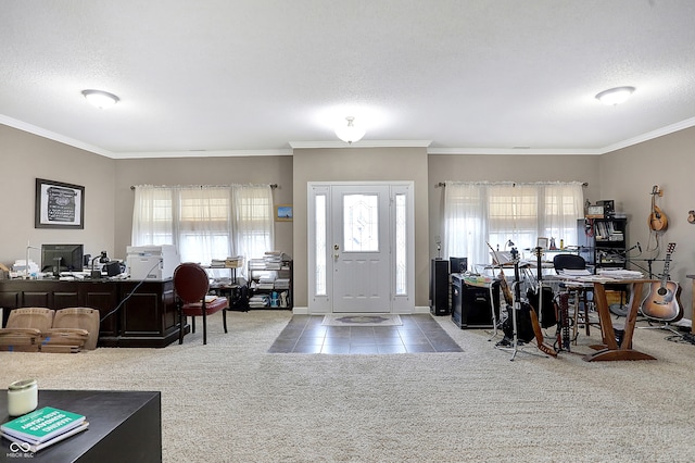 carpeted entrance foyer with crown molding, plenty of natural light, and a textured ceiling