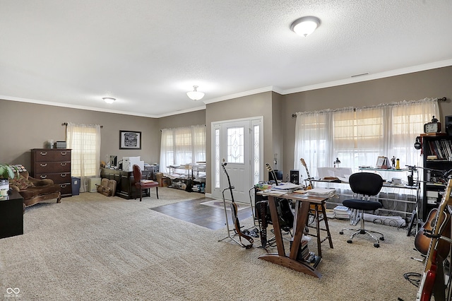 carpeted office space with a textured ceiling and crown molding