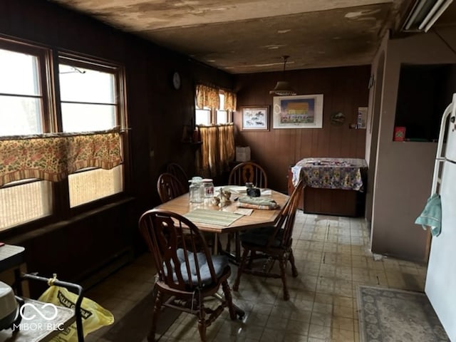 dining area with wooden walls