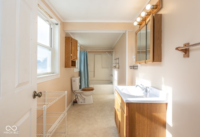 full bathroom with toilet, vanity, shower / bath combo, and ornamental molding