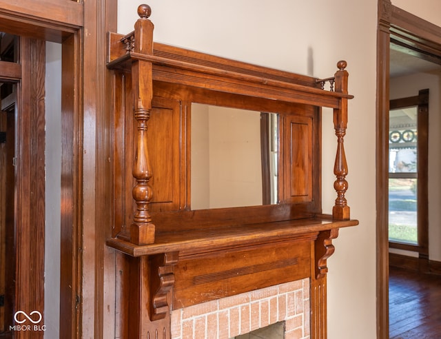 room details featuring a fireplace and hardwood / wood-style flooring