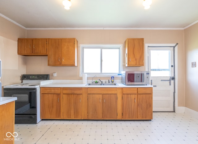 kitchen featuring a wealth of natural light, sink, white electric range oven, and ornamental molding