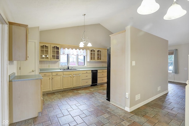 kitchen with decorative backsplash, sink, light brown cabinets, hanging light fixtures, and lofted ceiling