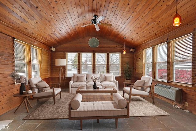 sunroom / solarium with lofted ceiling, wooden ceiling, a wall mounted AC, and a healthy amount of sunlight