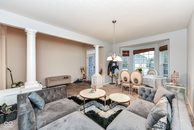 carpeted living room featuring a textured ceiling and an inviting chandelier