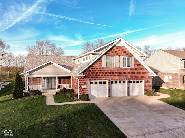 view of front of house with brick siding, a porch, a shingled roof, concrete driveway, and a front lawn